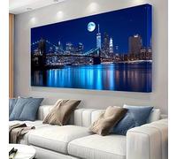 KADING Tableau mural paysage urbain nocturne, style décoratif moderne, impression sur toile bleu foncé, décoration intérieure moderne pour salon et chambre (25 x 45 cm / 10 x 18 pouces)