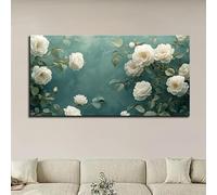 KADING Tableau mural pour salon, toile florale vintage, roses blanches et feuilles vertes, décoration élégante pour chambre, bureau ou maison (50 x 102 cm / 20 x 40 pouces)