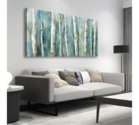 KADING Tableau sur toile représentant des bouleaux - Images abstraites de bouleaux pour la décoration murale, peinture moderne turquoise sur toile, impression d'œuvre d'art nature (80 x 130 cm