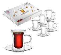 Kadum Lot de 6 verres à thé turcs à double paroi avec anse et soucoupe, 80 ml, dans un coffret cadeau, résistants à la chaleur, passent au lave-vaisselle