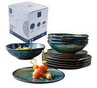 Kadum Service de Table en Céramique pour 4 Personnes - Lot de 12 Assiettes Méditerranéennes Bleu/Vert/Doré - 4 Plates Ø 25,5 cm, 4 à Pâtes Ø 20 cm, 4 à Petit-Déjeuner Ø
