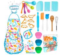 KAEGREEL Kit Petit Chef Cuisine Enfant avec Tablier Dinosaure, 26 Pièces Jouet Cuisine Ustensile avec Toque Cuillères Fouet, Chef Jeu de Rôle Cadeaux pour Garçons Filles 3 4 5 6 7 Ans (Bleu)