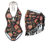 Kaeltsyn Ensemble tankini élégant et jupe en tissu extensible avec cache-hanches, parfait pour les vacances et les stations balnéaires, ensemble de maillot de bain en V profond