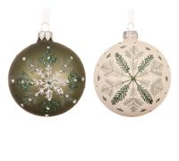 KAEMINGK-Boule en verre finition mate wool white et rosemary green avec flocon de neige - diamètre 8 cm