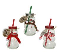 KAEMINGK-Chope transparente en verre avec couvercle et paille forme Bonhomme de neige - diamètre 7,5 x H 12,5 cm