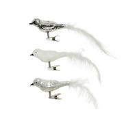 Kaemingk Lot de 3 décorations de sapin de Noël en verre - 8 cm x 3 oiseaux sur clip - Argenté - Blanc