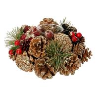 KAEMINGK-Photophore pomme de pin, baies rouges et mousse avec paillettes - diamètre 18 x H 8,5 cm