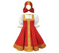 Kaerm 2PCS Robe Broderie Enfant Fille Robe Russe à Manches Bouffantes Robe de Soirée et Casque Robe de Princesse Costume Fêtes Halloween Performances 2-8 Ans Rouge 7-8 Ans