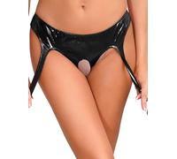 Kaerm Culotte Cuir Femme Sexy Slip Latex String Ouvert Entrejambe Shorties Mini Short Taille Basse sous-Vêtement Clubwear S-4XL Noir B M