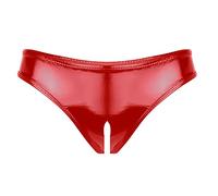 Kaerm Culotte Cuir Femme Sexy Slip Latex String Ouvert Entrejambe Shorties Mini Short Taille Basse sous-Vêtement Clubwear S-4XL Rouge M