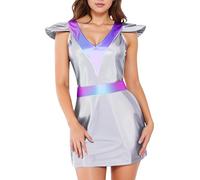 Kaerm Déguisement Alien Femme Cosplay Carnaval Halloween Robe Alien Astronaute Combinaison de Cadet Spatiale Métallique Brillant Mini Robe Clubwear S-XXL Argenté XXL