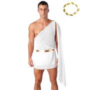 Kaerm Déguisement Grec Homme Costume Toge Romaine Brillant sans Manches Costume Gladiateur Romaine Jupe César Asymétrique avec Coiffe Costume Carnaval Halloween S-3XL Blanc S