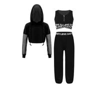 Kaerm Enfant Filles Survêtement de Sport Costume Moderne Hip-hop Tenue Danse Jazz Court Sweat à Capuche et Débardeur et Pantalon Costume Street Dance Outfit 5-14 ans Noir 11-12 ans