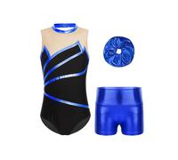 Kaerm Ensemble de Patinage Artistique Justaucorps de Danse Métallique sans Manches avec Short Bodysuit Sport Gym Leotard de Danse Ballet Pour fille 5-14 Ans Bleu royal E 15-16 ans