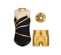 Kaerm Ensemble de Patinage Artistique Justaucorps de Danse Métallique sans Manches avec Short Bodysuit Sport Gym Leotard de Danse Ballet Pour fille 5-14 Ans Or E 11-12 ans