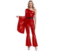 Kaerm Femme Déguisement Disco 70s Combinaison des Années 80 Costume Danse Hippie Jazz Tango Zippée Justaucorps de Danse Salopette Jumpsuit avec Pantalon Evasé S-3XL Rouge 3XL