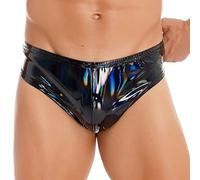 Kaerm Homme Boxer Shorty Métallique Slip de Bain en Cuir String Latex Taille Basse Poche Bombée à Bouton Pression Clubwear M-4XL Noir C XXL