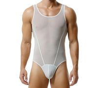 Kaerm Homme Sissy Lingerie Dentelle Sexy Body Transparent Erotique Gilet Combinaison Gay Vêtement de Nuit Jumpsuit Maillot de Bain String Jockstrap Blanc M