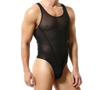 Kaerm Homme Sissy Lingerie Dentelle Sexy Body Transparent Erotique Gilet Combinaison Gay Vêtement de Nuit Jumpsuit Maillot de Bain String Jockstrap Noir M