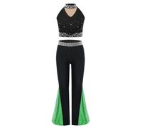 Kaerm Justaucorps Danse Latine Enfant Fille Ensemble Danse Latine Jazz Haut & Legging Evasé Patinage Artistique Léotard Ballet Latine Jazz Tango Dancewear 5-16 Ans