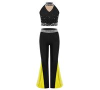Kaerm Justaucorps Danse Latine Enfant Fille Ensemble Danse Latine Jazz Haut & Legging Evasé Patinage Artistique Léotard Ballet Latine Jazz Tango Dancewear 5-16 Ans