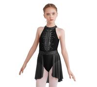 Kaerm Robe de Latin Enfant Fille Robe Lyrique Paillettes Justaucorps Maille Combinaison de Danse Dos Dénudés Jumpsuit Fêtes pour 5-16 Ans Noir B 15-16 Ans