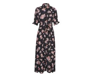 KAFFE Women's Maxi Dress with Tie Waist 3/4 Sleeves Classic Collar Front Buttons