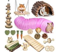 Kagoty Ensemble complet de 40 jouets pour hamster ; jouets naturels à mâcher pour petits animaux de compagnie ; tunnel extensible en bois de pommier ; balançoire à bascule ; collations molaires pour