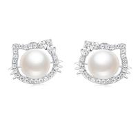 Kaguyo Boucles d'oreilles en argent pour femme - Argent sterling 925 et zircone - Boucles d'oreilles à tige en forme de chat mignon pour femmes, filles et enfants (pearl cat earrings)