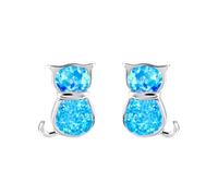 Kaguyo Boucles d'oreilles en forme de chat en argent sterling 925 avec opale bleue/blanche pour femme et fille - Cadeau d'anniversaire, Argent sterling, Opale