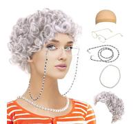 KAHDGSS Costume de vieille dame 5 pièces pour enfants - Costume de 100e jour d'école pour Halloween - Accessoires de cosplay pour filles faisant semblant d'être grand-mère