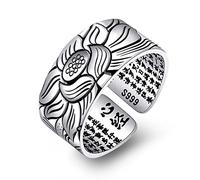 KAHDGSS Mantra à six caractères bouddhiste coeur écriture sanscrit bague rétro brillant large face hommes et femmes anneau ouvert bouddhiste