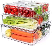 KAHEIGN 10 Pièces Organisateurs de Réfrigérateur, 3 Tailles Bac de Rangement Empilable Transparent Récipient en Plastique sans BPA pour Cuisine Armoires Réfrigérateur Stockage Fruits Légumes Céréales