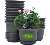 KAHEIGN 10 Pièces Pots De Fleurs en Plastique, 15cm Épaissir Pots De Fleurs Conteneur De Plantes Pot De Jardinage D'intérieur avec Palette De Drainage (Noir)