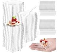 KAHEIGN 100 Pièces Assiettes Apéritives en Plastique avec Cuillères, 6CM Plat de Dégustation Carré Coupelles Transparentes pour Parfait Assiettes de Service Réutilisables pour Dessert Apéritifs Fête