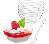 KAHEIGN 100 Pièces Gobelets à Dessert en Plastique avec Cuillères, 60ml Carré Coupes à Dessert Verrines Apéritif Parfait Clair Bol de Service Réutilisable avec Cuillères pour Pudding Mousse Party