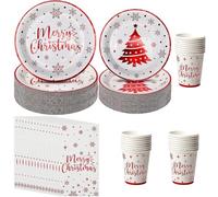 KAHEIGN 100 Pièces Vaisselle en Papier de Fête de Noël, 25 x 23CM Assiettes Plates, 25 x 19CM Assiettes à Salade, 25 x Tasses de 270ml, 25 x 16CM Serviettes - pour Vacances Noël Fêtes Décoration