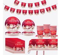 KAHEIGN 102 Pièces Vaisselle en Papier de Fête de Noël, 25 x 23CM Assiettes Plates, 25 x 19CM Assiettes à Salade, 25 x Tasses, 25 x Serviettes, 1 x Nappe, 1 x Banderole - pour Noël Fêtes Décoration