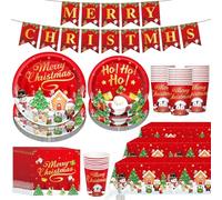 KAHEIGN 102 Pièces Vaisselle en Papier de Fête de Noël, 25 x 23CM Assiettes Plates, 25 x 19CM Assiettes à Salade, 25 x Tasses, 25 x Serviettes, 1 x Nappe et Banderole - pour Noël Fêtes Décoration