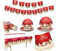 KAHEIGN 118 Pièces Vaisselle de Fête de Noël, 1 x Nappe, 1 x Bannière, 20 x Serviettes, 16 x Tasses, 16 x Assiettes 7 Pouces et 8,6 Pouces, 16 x Couteau, Fourchette et Cuillère de Réutilisables