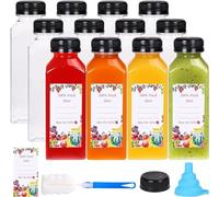 KAHEIGN 12 Pièces Bouteilles de Jus en Plastique avec Bouchons Inviolables, 360ml Conteneurs Vides pour Boissons à Base de Jus Transparent Réutilisables avec Couvercles, Étiquette, Entonnoir et Brosse
