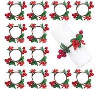 KAHEIGN 12 Pièces Ronds de Serviette de Noël, Porte-Serviettes Aux Fruits Rouges Boucle de Serviette Rustique pour Décoration de Table de Noël Déjeuner Thanksgiving Nouvel an Saint Valentin Mariage