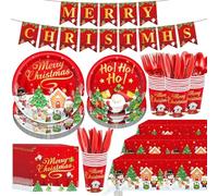 KAHEIGN 170 Pièces Vaisselle en Papier de Fête de Noël, 24 Assiettes Plates et Assiettes à Salade, 24 Gobelets et Serviettes, 24 Réutilisables Couteaux, Fourchettes et Cuillères, 1 Nappe et Bannière