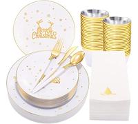 KAHEIGN 175 Pièces Réutilisable Vaisselle de Noël en Plastique Blanc Bordée D'or - 25 Assiettes Plates, 25 Assiettes Salade, 25 Couteaux, 25 Fourchettes, 25 Cuillères, 25 Serviettes pour 25 Invités