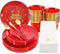 KAHEIGN 175 Pièces Réutilisable Vaisselle de Noël en Plastique Rouge Bordée D'or - 25 Assiettes Plates, 25 Assiettes Salade, 25 Couteaux, 25 Fourchettes, 25 Cuillères, 25 Serviettes pour 25 Invités