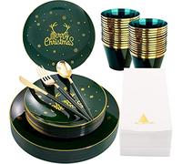 KAHEIGN 175 Pièces Réutilisable Vaisselle de Noël en Plastique Vert Bordée D'or - 25 Assiettes Plates, 25 Assiettes Salade, 25 Couteaux, 25 Fourchettes, 25 Cuillères, 25 Serviettes pour 25 Invités