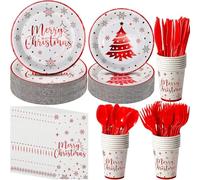 KAHEIGN 175 Pièces Vaisselle en Papier de Fête de Noël, 25 x Assiettes Plates et Assiettes à Salade, 25 x 270ml Gobelets, 25 x Serviettes, 25 x Réutilisables Couteaux, Fourchettes et Cuillères