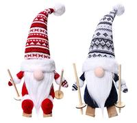 KAHEIGN 2 Pièces Gnomes de Ski de Noël, Poupée en Peluche Gonk Tricotée à Main Gnomes Suédois Tomte Elfe Nain avec Bois Skis et Bâtons de Ski pour Décor de Noël Bureau Cheminées Fête (35CM x 15CM)