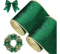 KAHEIGN 2 Rouleaux Ruban de Velours de Noël, 11m x 10cm Largeur Ruban d'Emballage Imperméable Avec Fil et Bord Doré pour Emballage Cadeau, Arbre, Bricolage, Couronne, Nœud, Décoration (Vert)