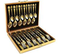 KAHEIGN 24 Pièces Argenterie D'or, Couverts en Acier Inoxydable Forgés à L'or, 6 x Couteau de Table, 6 x Cuillères à Dîner, 6 x Fourchette à Dîner, 6 Cuillères à Café, Vaisselle Polie pour Noël Fête